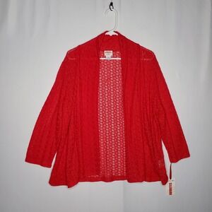 Ruby Rd Lace Cardigan Sweater Women 1X Red Sheer Open Knit 3/4 Sleeve Whimsigoth